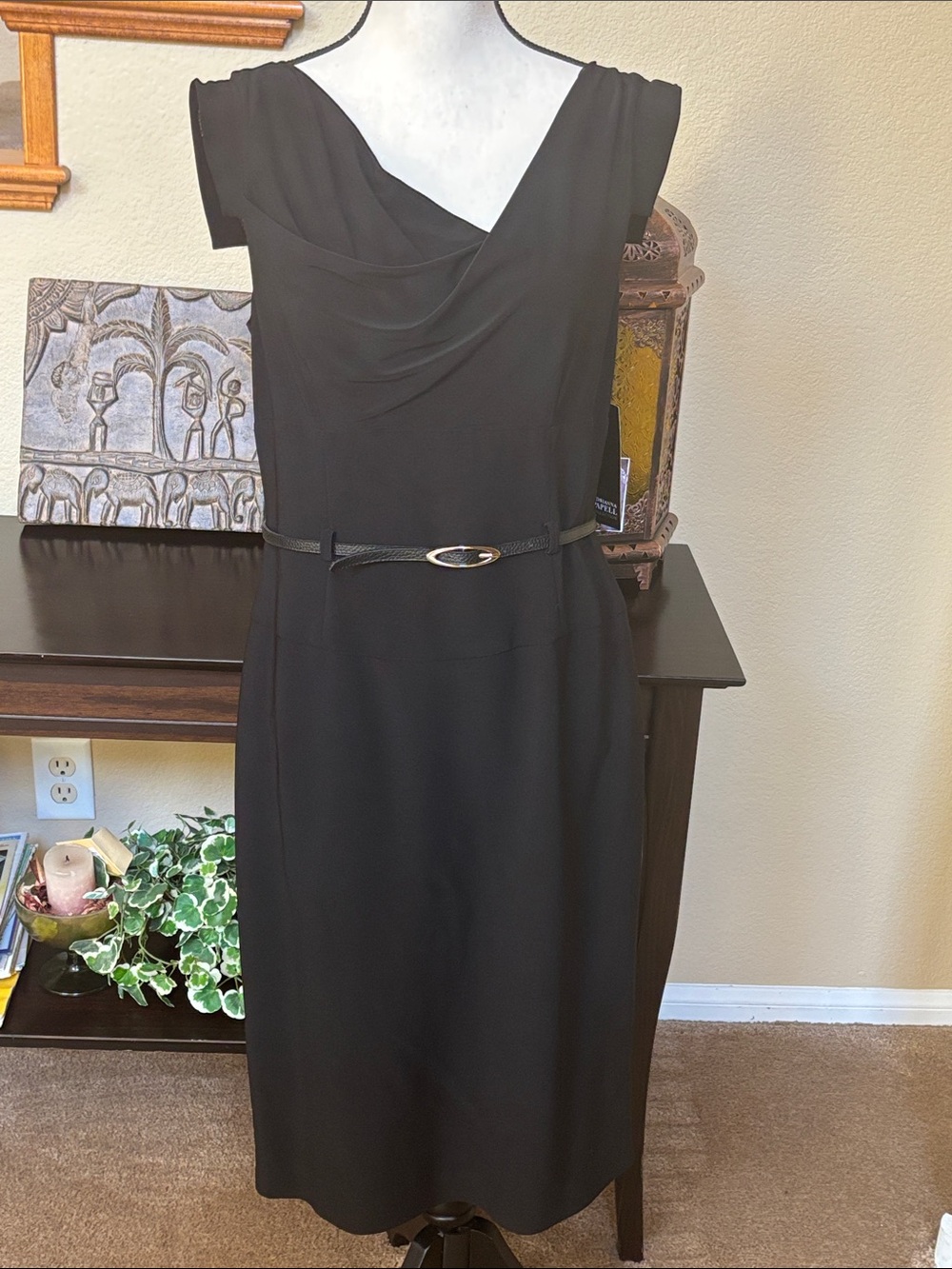 Ann Taylor Black Cowl Neck Midi Dress with Slim Belt